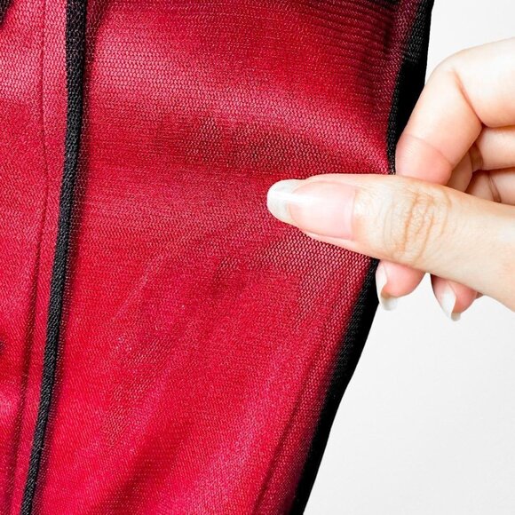 Vintage Y2K Burgundy Red Floral Beaded Embroidered Mesh Bodycon Maxi Prom Dress - Picture 9 of 9